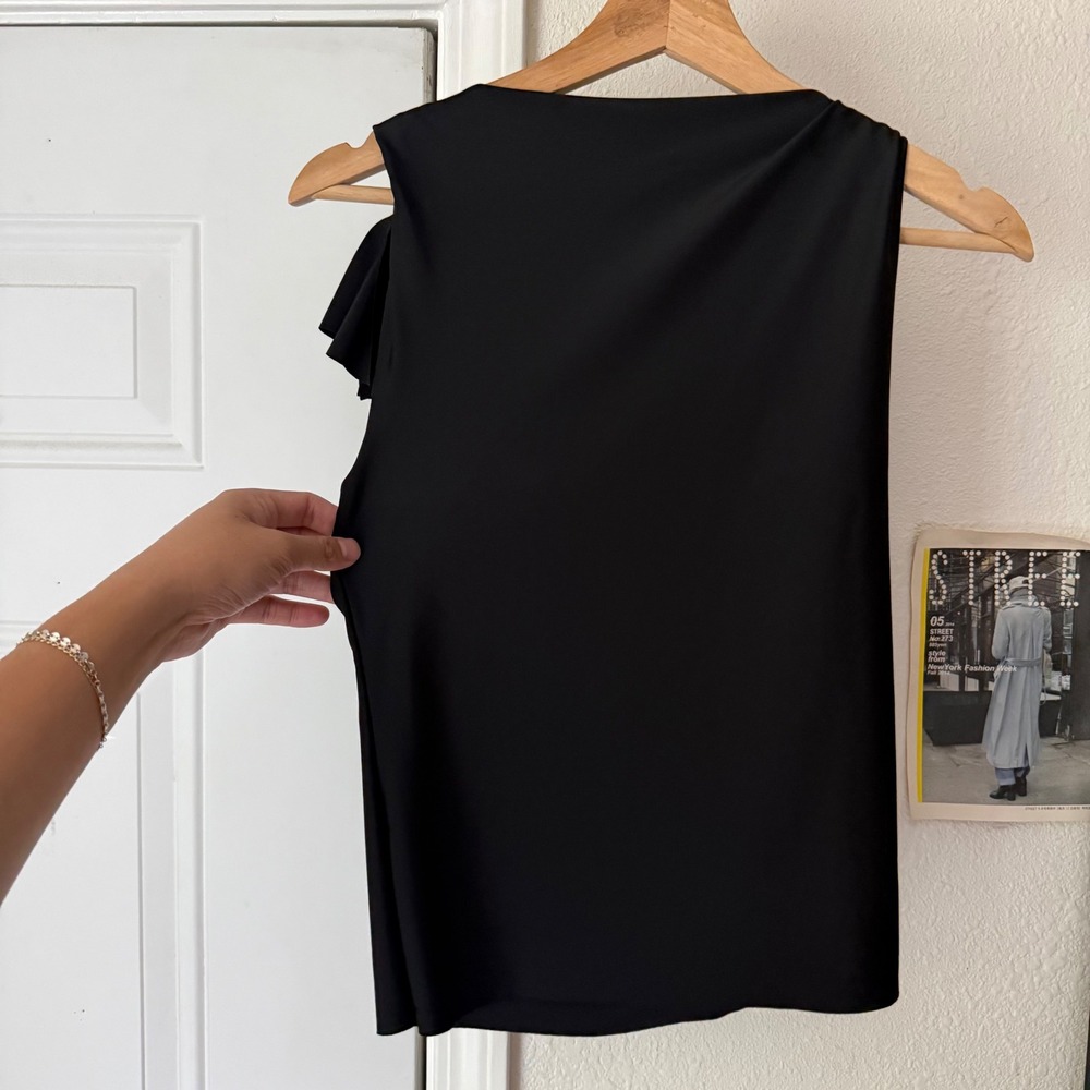 KHY black knit square high neck asymmetrical tie shoulder cropped tank top - Picture 3 of 5